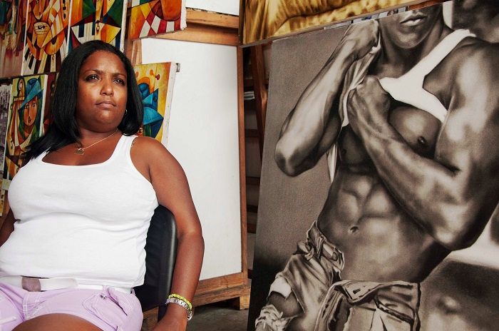 woman selling a picture of a nude black man